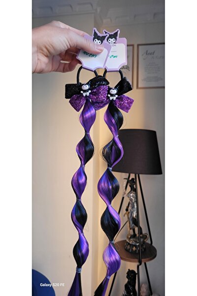 LO ADORO 2 Pieces Kuromi Anime Model Black Purple Satin Shiny Curl Braided Hair Model Length 42cm