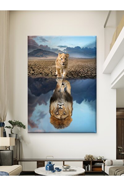 ESLEM Premium Aslan ve Yansıması Kanvas Tablo – Kaliteli Baskı, Güç ve Cesaret Temalı Dekor