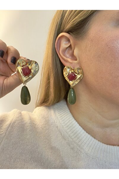 Snartun Gold Heart Fuchsia and Green Stone Earrings – Elegant and Colorful Women's Jewelry |   Special Boxed