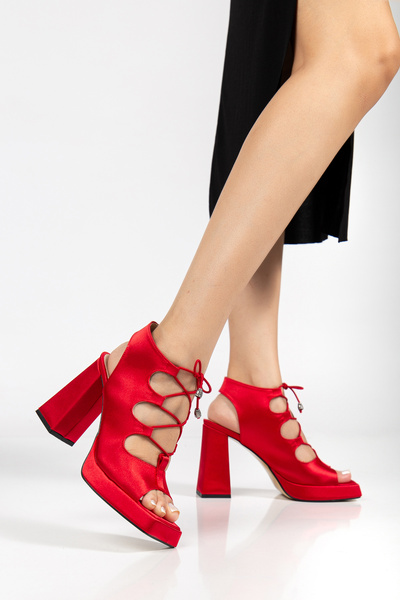LİLLA Women's Square Toe Platform Thick Heeled Red Satin Lace-Up Evening Dress Shoes