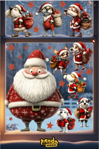 PANDA SOKAĞI Новорічна наклейка Товстий Санта Клаус і його друзі Милі собаки ...