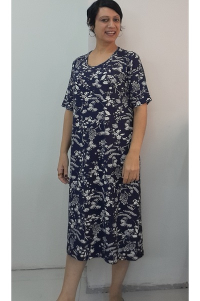 Mertcan Butik Navy Blue White Floral Print Short Sleeve Combed Viscose Dress