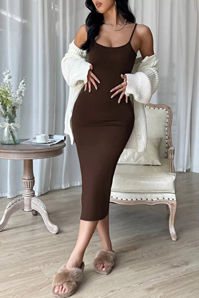 Zikuv Brown Slit Knee-Length Body-Hugging Dress