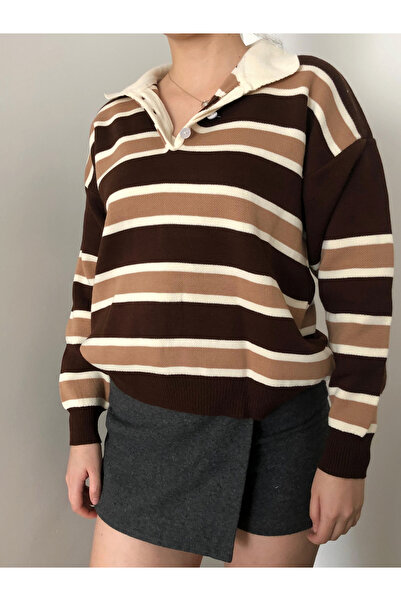FREZZBİ Striped Buttoned Polo Neck Women's Knitwear Sweater