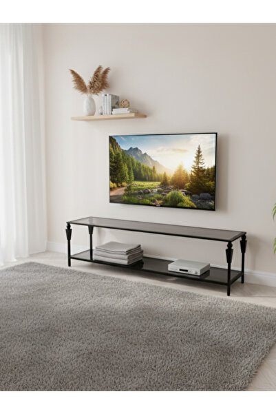 BEC24 Modern TV stand, black glass, 180 cm - slim design with two levels