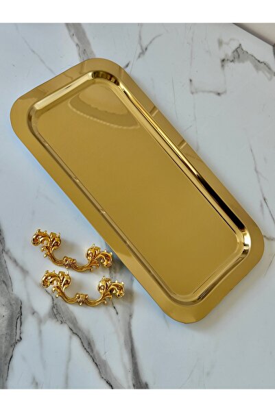 Melinda 6 Adet Gold Dikdörtgen Çıkarılabilir Kulp Detaylı Çay,kahve,ikram Servis Sunum Tepsisi (33x17CM)