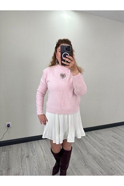 MUJUMMBUTİK Toz Pembe kalp taşlı pencereli kazak