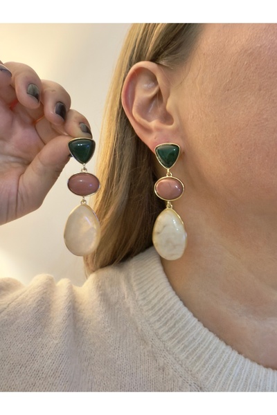 Snartun Gold Color Stone Triple Form Earrings – Modern and Elegant Women's Jewelry |   Special Boxed