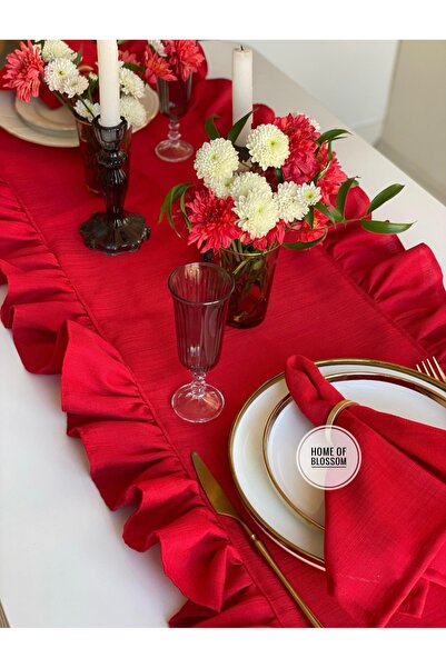 HOME OF BLOSSOM 40*120cm Red Linen Frilled Runner