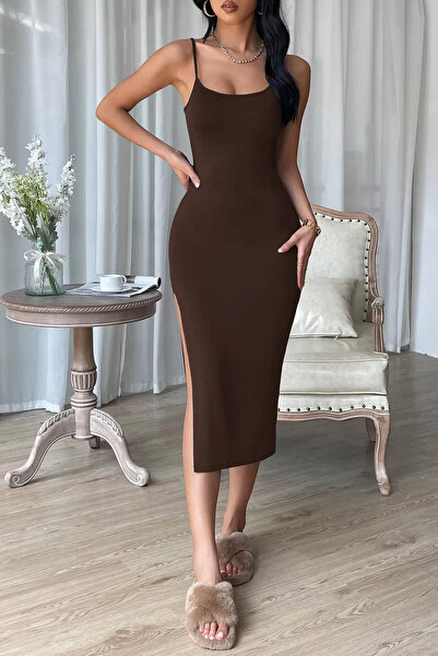 Zikuv Brown Slit Knee-Length Body-Hugging Dress