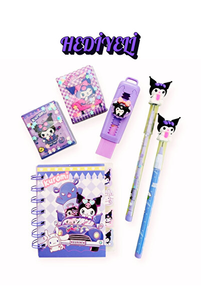 ÖZ OFİS Kuromi Set Not Defteri 2'li Yumurtlayan Kalem Sürgülü Silgi 2'li Mini Sticker Defter Seti