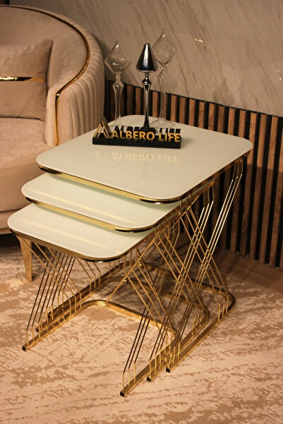 AlberoLife Z Telli LÜX 3'lü Zigon Sehpa (Kurulum Gerektirmez)GOLD AYAK BEYAZ ...