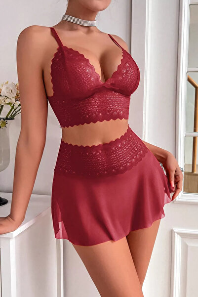 Zikuv Burgundy Lace and Tulle Detailed Skirted Stylish Dress Set