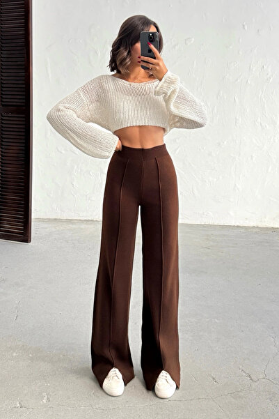 Lusin Жіночі коричневі брюки з високою талією, шикарними смужками та широкими штанинами