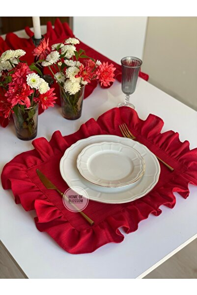 HOME OF BLOSSOM 2-Piece Red Linen Ruffled American Tablecloth / Placemat