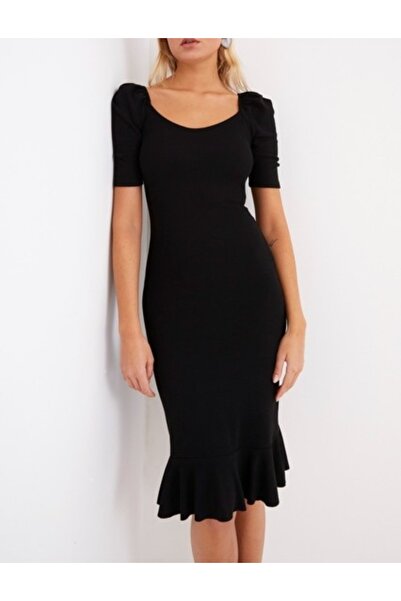 Be Best Black Skirt Flounce Balloon Sleeve Ribbed Knit Maxi Dress Be198