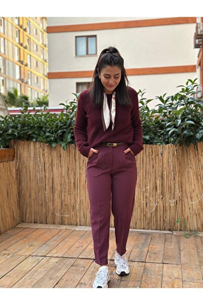 nidistore Women's Burgundy Pleated Belted Trousers