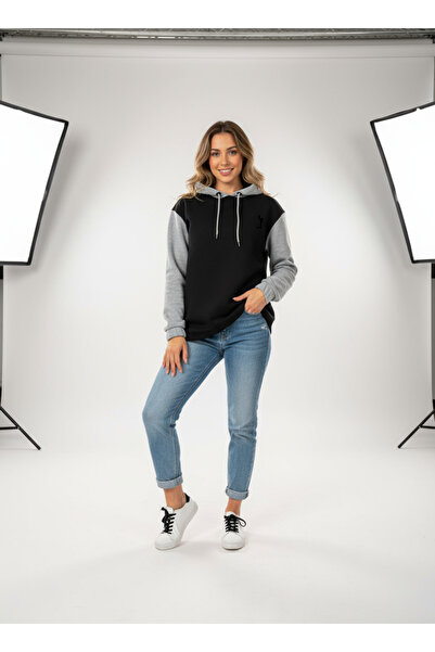 LYVEAN سويت شيرت بقلنسوة بثلاثة خيوط من القطن الممشط بلونين مبطن بالصوف O قصة...