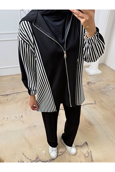 Ahi Zippered Hooded Striped Hijab Dress Bottom and Top Set