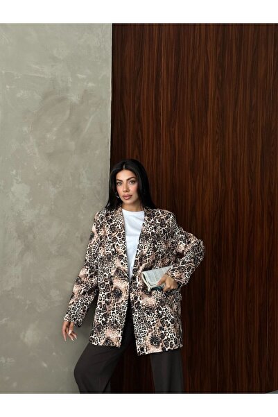 Lovely butik Oversize Leopard Printed Blazer Jacket with Two Buttons, Tok Fabric