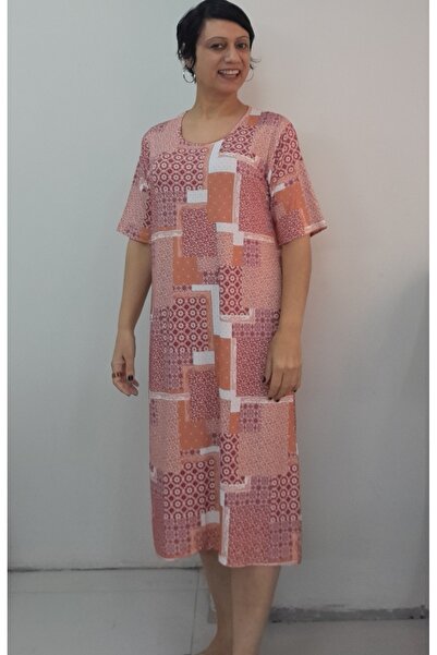 Mertcan Butik Tile White Burgundy Floral Print Short-Sleeved Combed Viscose Dress