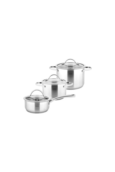 Teesa Set of 3 Stainless Steel Pots 1/3/6 L with Glass Lids and Internal Measuring Scale