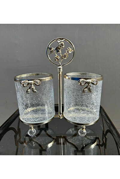 İmren Collection 2 Bölmeli Kurdele Cam Kaşıklık Gümüş Renk