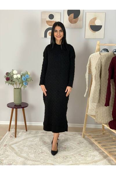 YusGos Crew Neck Hair Braided Knitwear Midi Dress