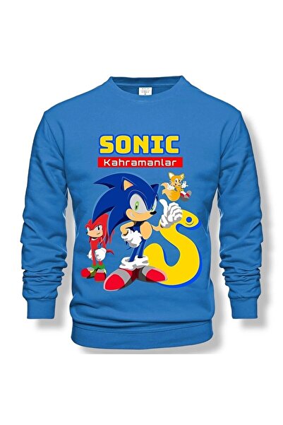 LUSHN سويت شيرت برقبة دائرية مطبوع عليه سونيك للأطفال باللون الأزرق