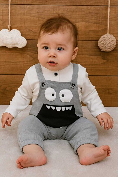 krm kerem bebe Baby Boy Long Sleeve T-Shirt and Patterned Salopet Set
