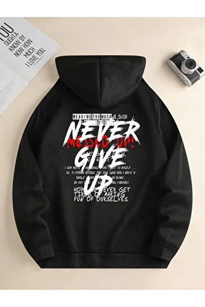 LUSHN هوديي للجنسين Never Give Up مطبوع قصة فضفاضة شتوي مكون من 3 خيوط 100% ق...