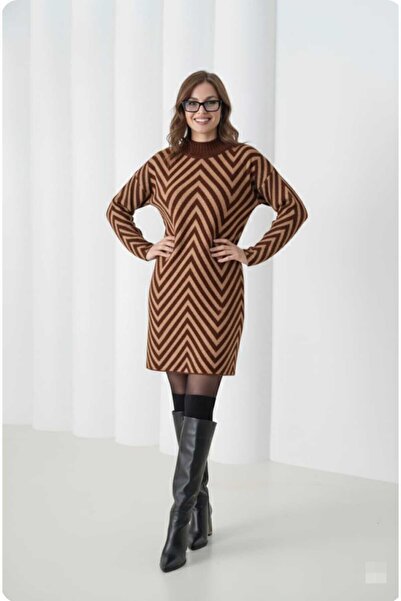 aytenli Mock Neck S XL Compatible Standard Size up to and Including Zigzag Patterned Bearded Long Wool Knitwear Sweater Dress