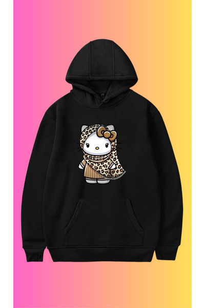 relaxbaskı Hello Kittiy Printed Hoodie with Leopard Costume