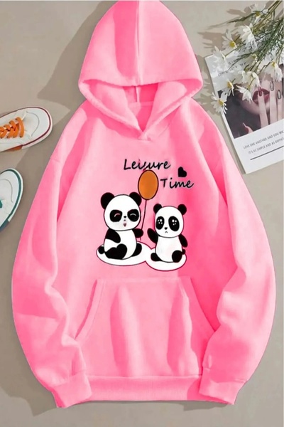 LUSHN سويت شيرت وردي بقلنسوة بطبعة باندا كبيرة الحجم و3 خيوط