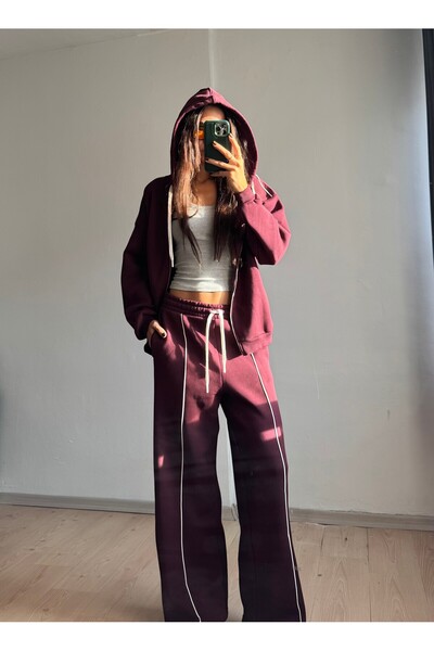 Azimutgiyim Women's 3 İplik İçi Şa Fleece-Lined a Hooded Ermuarlı Wide Leg Tracksuit Set – Claret Red