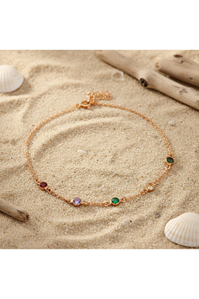 Medusa Gift 925 Ayar Gümüş 14 Ayar Altın Kaplama Aralıklı Doğum Taşı Halhal Rose