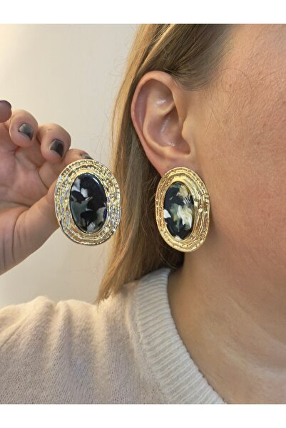 Snartun Gold Black Marble Pattern Oval Earrings – Elegant and Modern Women's Jewelry |   Special Boxed