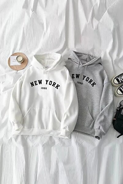 LUSHN Unisex New York 199X Printed Gray and White Color 3 Thread Winter Hoode...