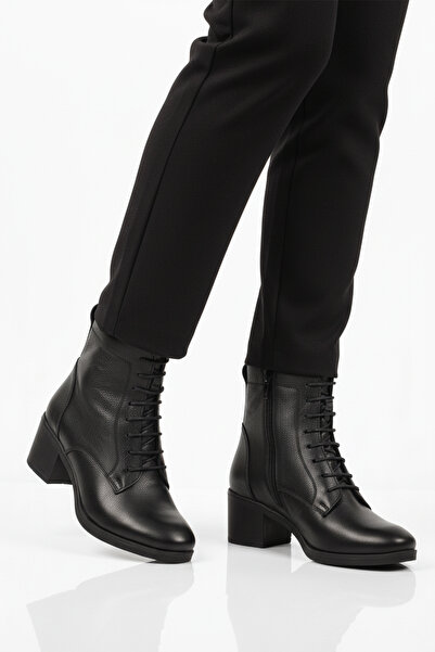 Aspor Black Genuine Leather Women's Heeled Boots with Fleece Inside