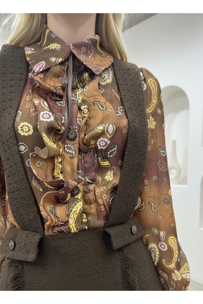 1Moda1Tarz Εισαγόμενο φόρεμα με επένδυση από ύφασμα Tweed & Yoryo Chiffon με ειδικό σχέδιο με επένδυση