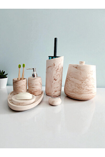 Trust Stone طقم حمام من الرخام بنمط الخرسانة البيج، مرحاض، سلة مهملات، صابون سائل، صينية، ديكور، إكسسوارات