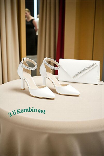 Famels Short Heeled Shoes White Skin Ankle with Stones, Evening Dress Shoes and Evening Dress Bag Set with Stones