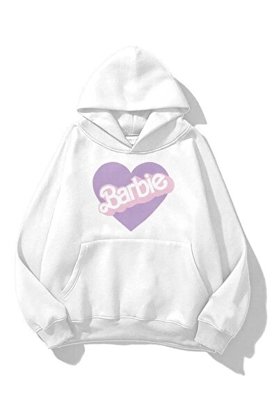 LUSHN Heart Patterned Barbi Printed 3 thread Oversize Hooded Sweatshirt - Hoodie
