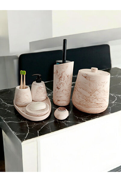 Trust Stone طقم حمام من الرخام بنمط الخرسانة البيج، مرحاض، سلة مهملات، صابون سائل، صينية، ديكور، إكسسوارات