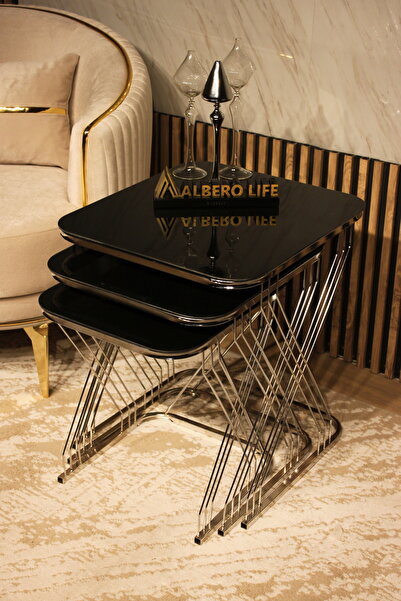 AlberoLife Z Telli LÜX 3'lü Zigon Sehpa (Kurulum Gerektirmez) KROM AYAK SİYAH...