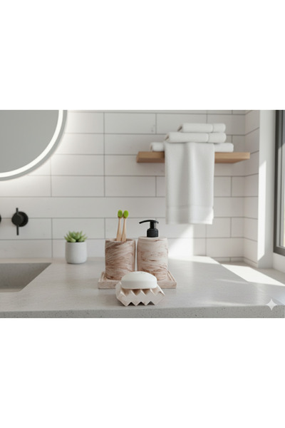 Trust Stone 3'lü Bej Mermer Desen Banyo Seti ,sıvı Sabunluk Diş Fırçalığı Bet...