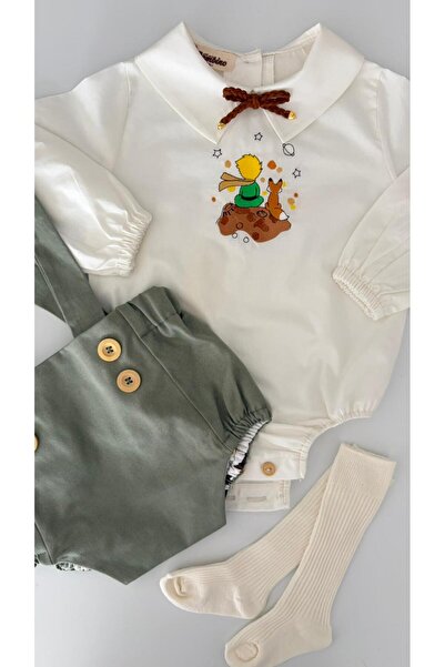 il mio bambino Handmade 100% Cotton Baby Boy Little Prince Embroidered Shirt Green Overalls Shorts - Romper Set