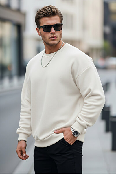 MAXIMILLIAN Erkek Bisiklet Yaka Salaş Ekru Sweatshirt
