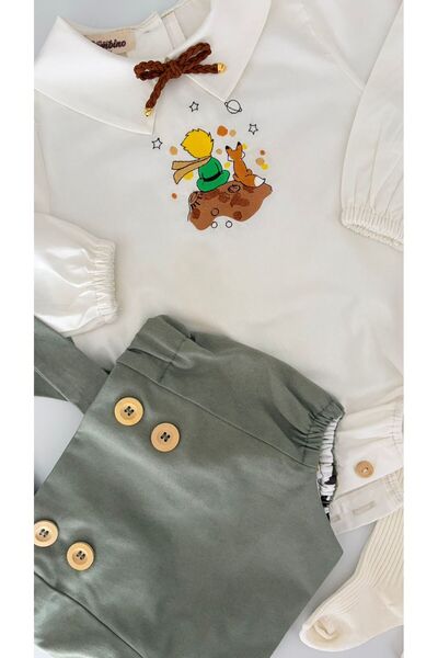 il mio bambino Handmade 100% Cotton Baby Boy Little Prince Embroidered Shirt Green Overalls Shorts - Romper Set