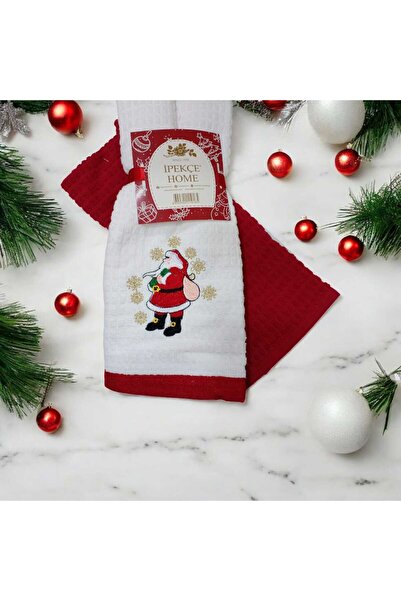 İpekçe Yılbaşı Mutfak Havlusu 2’li Set %100 Pamuk (Nakışlı ve Düz) Yeni Yıl Hediyesi 40*65